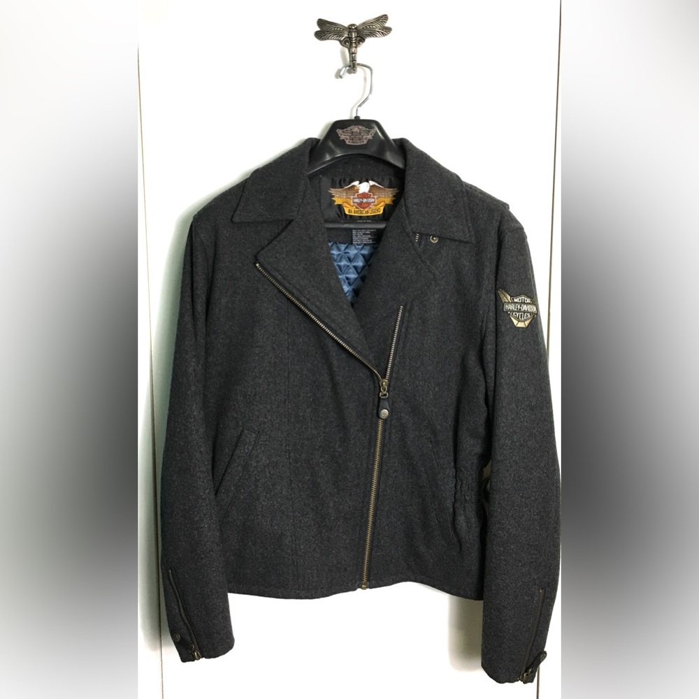 Harley-Davidson Gray Wool Moto Jacket with Embroidered HD Bar & Shield Detail.
